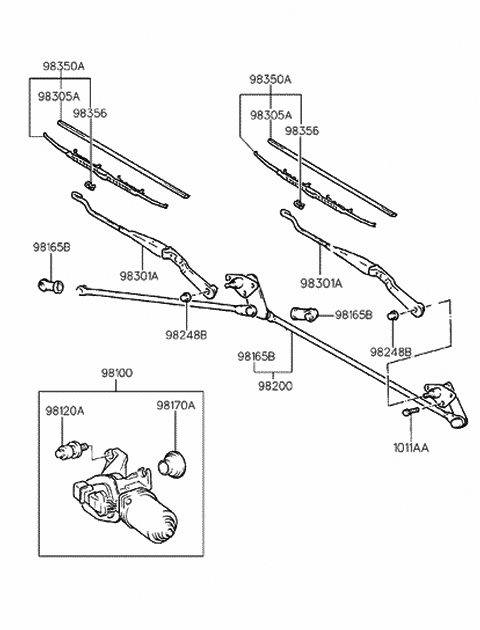 1994 Hyundai Accent Windshield Wiper Blade Assembly Diagram for 98360-22000