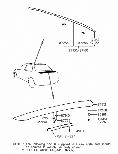 1995 Hyundai Accent Rear Spoiler Assembly Diagram for 87211-22500