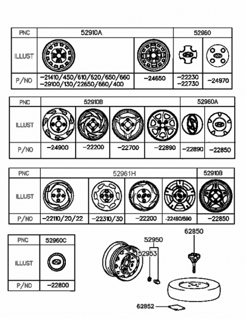 1999 Hyundai Accent Steel Wheel Assembly Diagram for 52910-21410