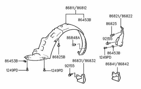 1996 Hyundai Accent Splash Front Shield Assembly ,Left Diagram for 86811-22000