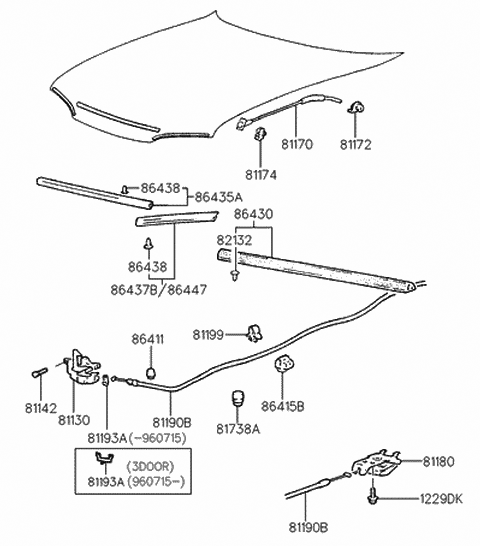 1998 Hyundai Accent Latch Assembly-Hood Diagram for 81130-22200