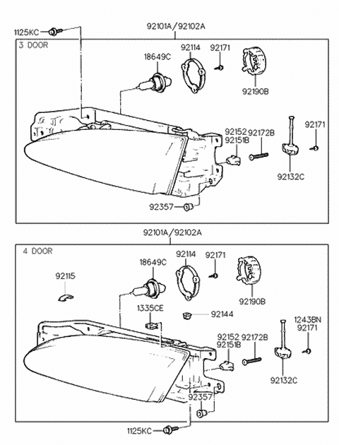 1995 Hyundai Accent Headlamp Assembly, Right Diagram for 92102-22050