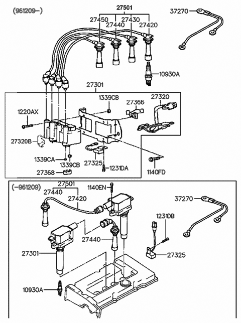 1997 Hyundai Accent Cable Set-Spark Plug Diagram for 27501-22B10