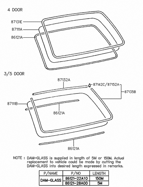 1995 Hyundai Accent Piece-Tail Gate Glass Molding,RH Diagram for 87152-22200