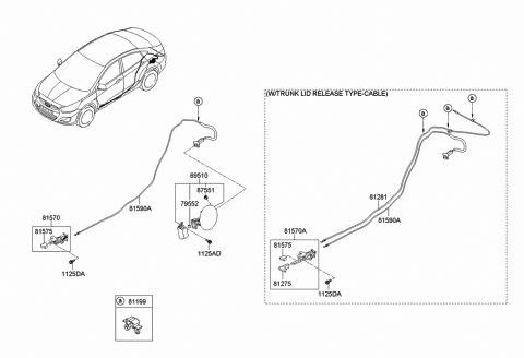 2012 Hyundai Accent Cable Assembly-Trunk Lid Release Diagram for 81280-1R000