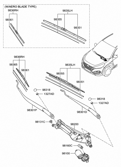 2017 Hyundai Tucson Windshield Wiper Arm Assembly(Passenger) Diagram for 98321-D3000