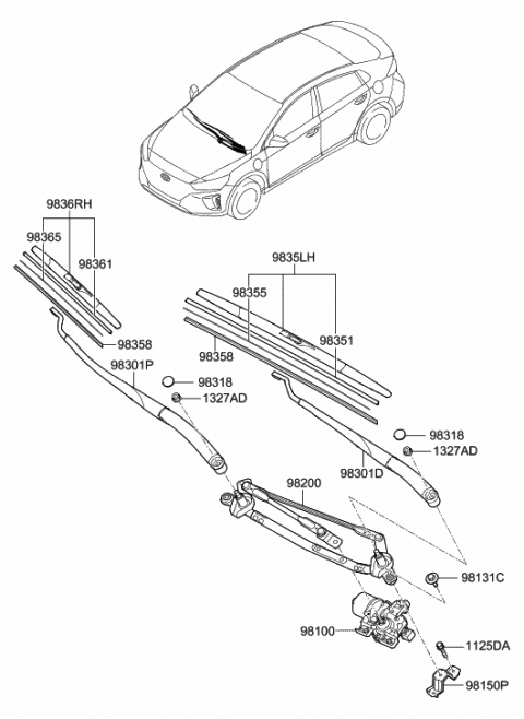 2017 Hyundai Ioniq Wiper Blade Rubber Assembly(Passenger) Diagram for 98361-D6000