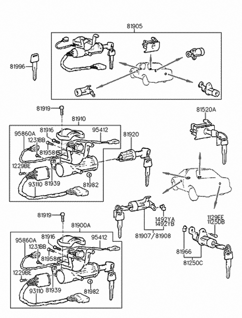 1994 Hyundai Elantra Lock Key & Cylinder Set Diagram for 81905-28080-AQ