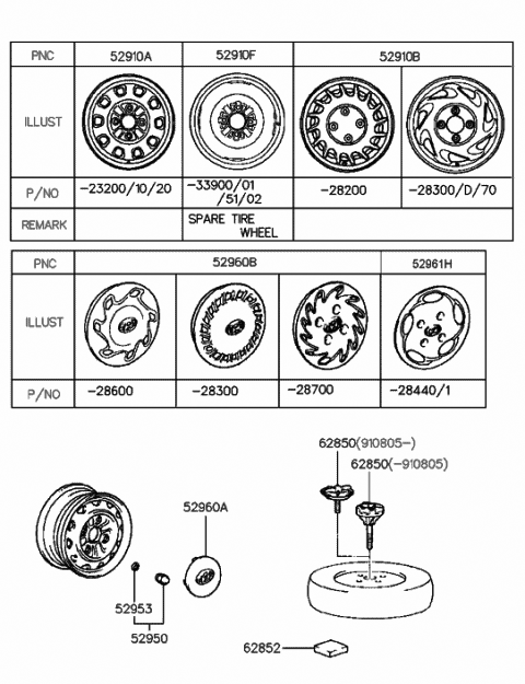 1991 Hyundai Elantra Steel Wheel Assembly Diagram for 52910-23210