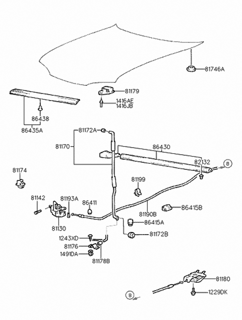 1992 Hyundai Elantra Cable Assembly-Hood Latch Release Diagram for 81190-28000