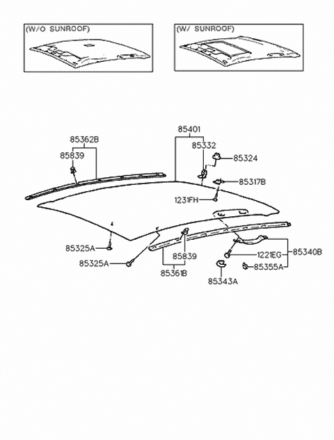 1991 Hyundai Elantra Headlining Assembly Diagram for 85301-28100-BP