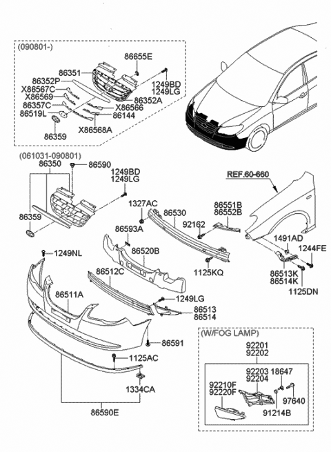 2009 Hyundai Elantra Fog Lens And Housing Assembly, Front, Right Diagram for 92220-2H000