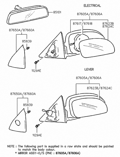 1999 Hyundai Tiburon Mirror Assembly-Outside Rear View,RH Diagram for 87606-27600