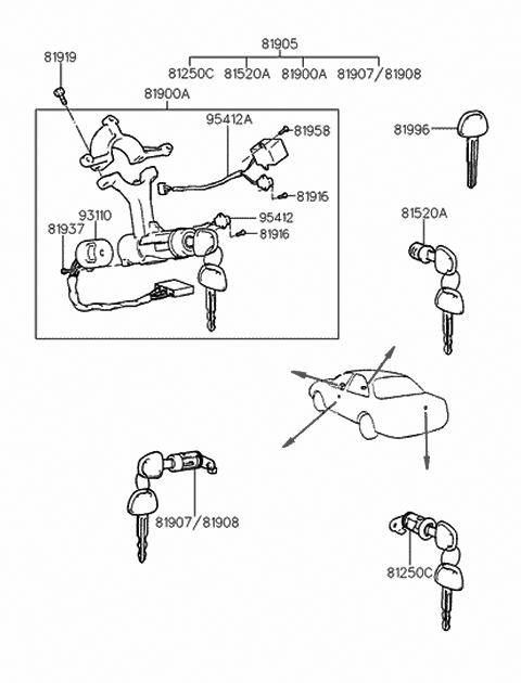 1997 Hyundai Tiburon Door Lock Assembly,Right Diagram for 81980-27A01