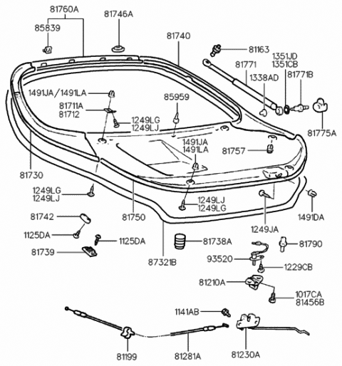 1998 Hyundai Tiburon Tail Gate Latch Assembly Diagram for 81230-27011
