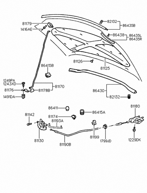 1997 Hyundai Tiburon Cable Assembly-Hood Latch Release Diagram for 81190-27000