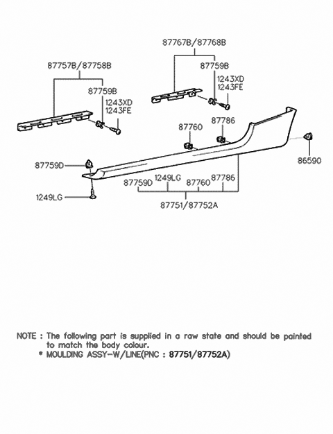 1999 Hyundai Tiburon Clip-Side Sill Moulding Mounting Diagram for 87770-27000