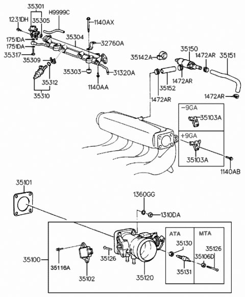 1997 Hyundai Tiburon Body Assembly-Throttle Diagram for 35100-23081