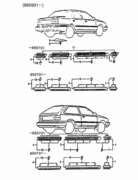 1989 Hyundai Excel Clip-Fender Waist Line Moulding Mounting Diagram for 87741-21000