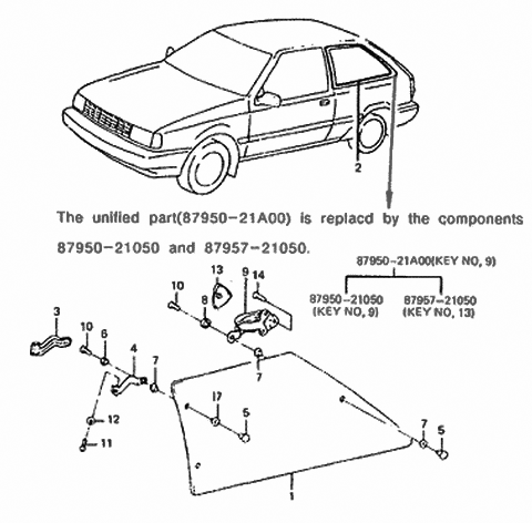 1985 Hyundai Excel Cover-Quarter Swivelling Glass Hinge Diagram for 87915-21000