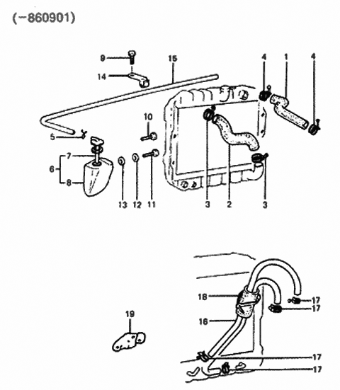 1987 Hyundai Excel Radiator Reservoir And Hose Assembly Diagram for 25430-21203