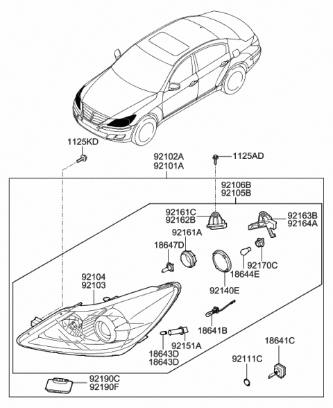2008 Hyundai Genesis Headlamp Assembly, Left Diagram for 92101-3M080