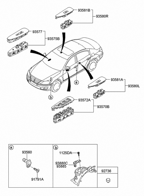 2009 Hyundai Genesis Rear Power Window Sub Switch Assembly, Right Diagram for 93580-3M300-A4
