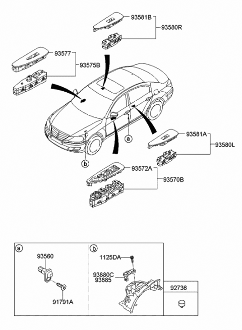 2009 Hyundai Genesis Bezel-Power Window Main Diagram for 93572-3M000-A5
