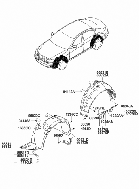 2011 Hyundai Genesis Front Wheel Guard Assembly,Left Diagram for 86811-3M000