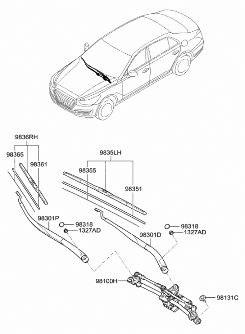 2020 Hyundai Genesis G90 Windshield Wiper Arm Assembly(Passenger) Diagram for 98321-D2000