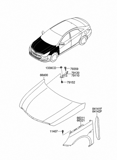 2013 Hyundai Sonata Hybrid Fender & Hood Panel Diagram
