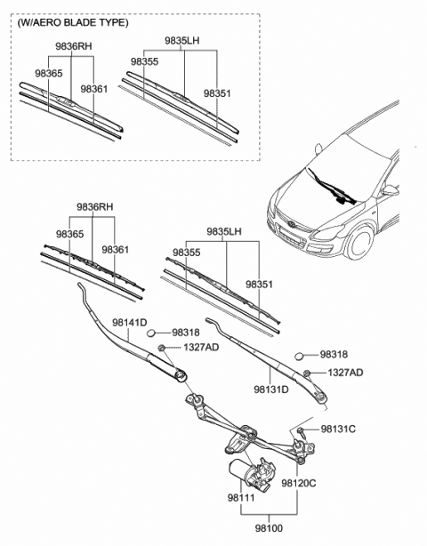 2009 Hyundai Elantra Touring Windshield Wiper Motor Assembly Diagram for 98110-1H000
