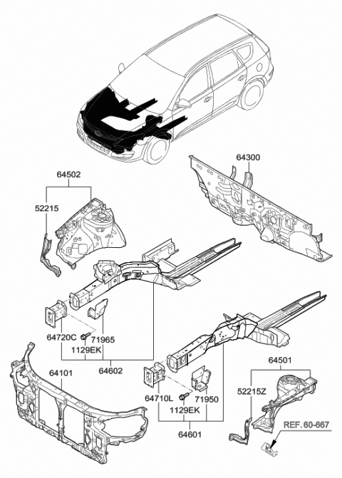 2009 Hyundai Elantra Touring Fender Apron & Radiator Support Panel Diagram