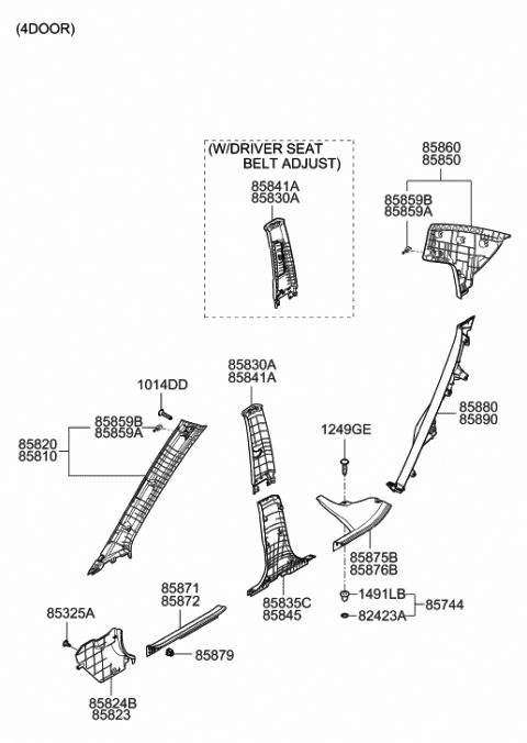 2006 Hyundai Accent Trim Assembly-Center Pillar Upper RH Diagram for 85840-1E550-QS