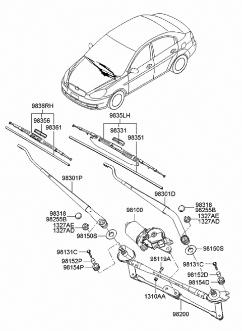 2010 Hyundai Accent Passeger Wiper Blade Assembly Diagram for 98360-2F000