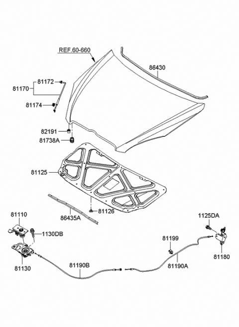 2008 Hyundai Accent Cable Assembly-Hood Latch Release Diagram for 81190-1E000
