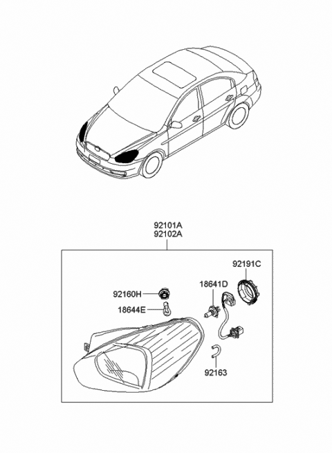 2006 Hyundai Accent Headlamp Assembly, Right Diagram for 92102-1E010