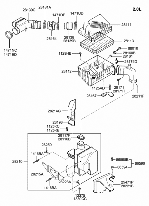 2002 Hyundai Tiburon Air Cleaner Filter Diagram for 28113-2D000