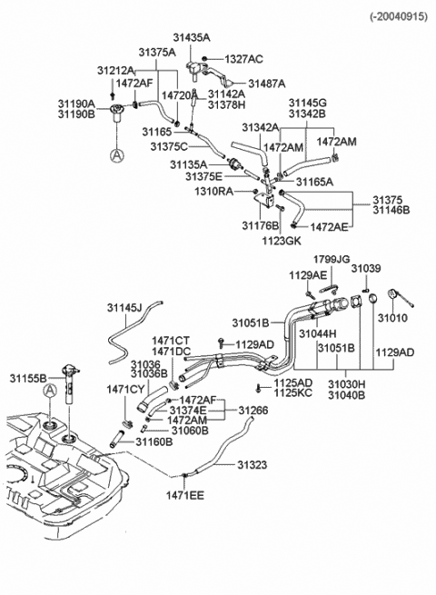 2004 Hyundai Tiburon Filler Neck & Hose Assembly Diagram for 31030-2C500