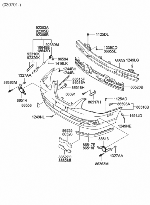 2004 Hyundai Elantra Front Bumper Cover Assembly Diagram for 86510-2D501
