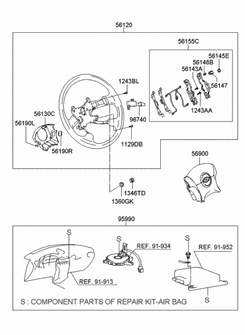 2000 Hyundai Elantra Steering Wheel Lower Cover Assembly Diagram for 56131-2D500-SO