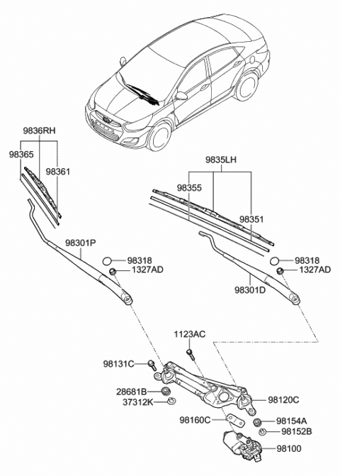 2016 Hyundai Accent Windshield Wiper Arm Assembly(Passenger) Diagram for 98320-1R000