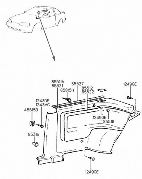 1994 Hyundai Scoupe Cover Assembly-Quarter Inner Center,RH Diagram for 85522-23001-LB