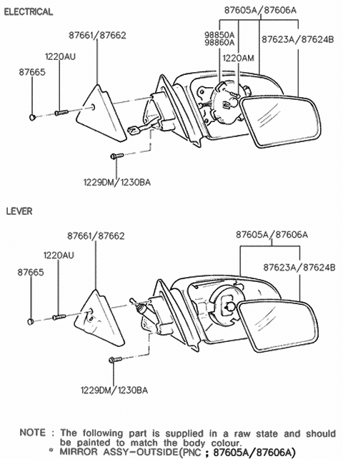 1990 Hyundai Scoupe Mirror & Holder Assembly-Outside Rear Vi Diagram for 87608-23200