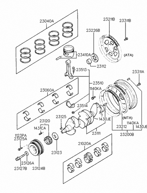 1992 Hyundai Scoupe Piston & Pin Assembly Diagram for 23410-22110