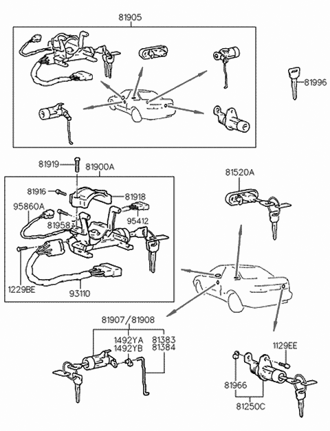 1991 Hyundai Scoupe Lock Key & Cylinder Set Diagram for 81905-23112
