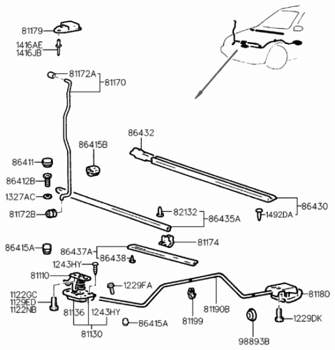1992 Hyundai Scoupe Striker Assembly-Hood Diagram for 81110-23000