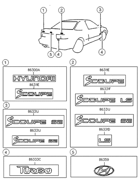 1992 Hyundai Scoupe 440 Emblem Diagram for 86331-23010-LR