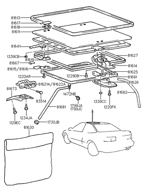 1993 Hyundai Scoupe Sunroof Glass Diagram for 81611-23010