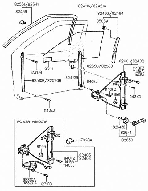 1994 Hyundai Scoupe Run-Front Door Window Glass LH Diagram for 82530-23011